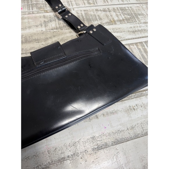 Guess Black Patent Leather Shoulder Bag Large G Logo Buckle Top Zip Closure - Picture 4 of 9